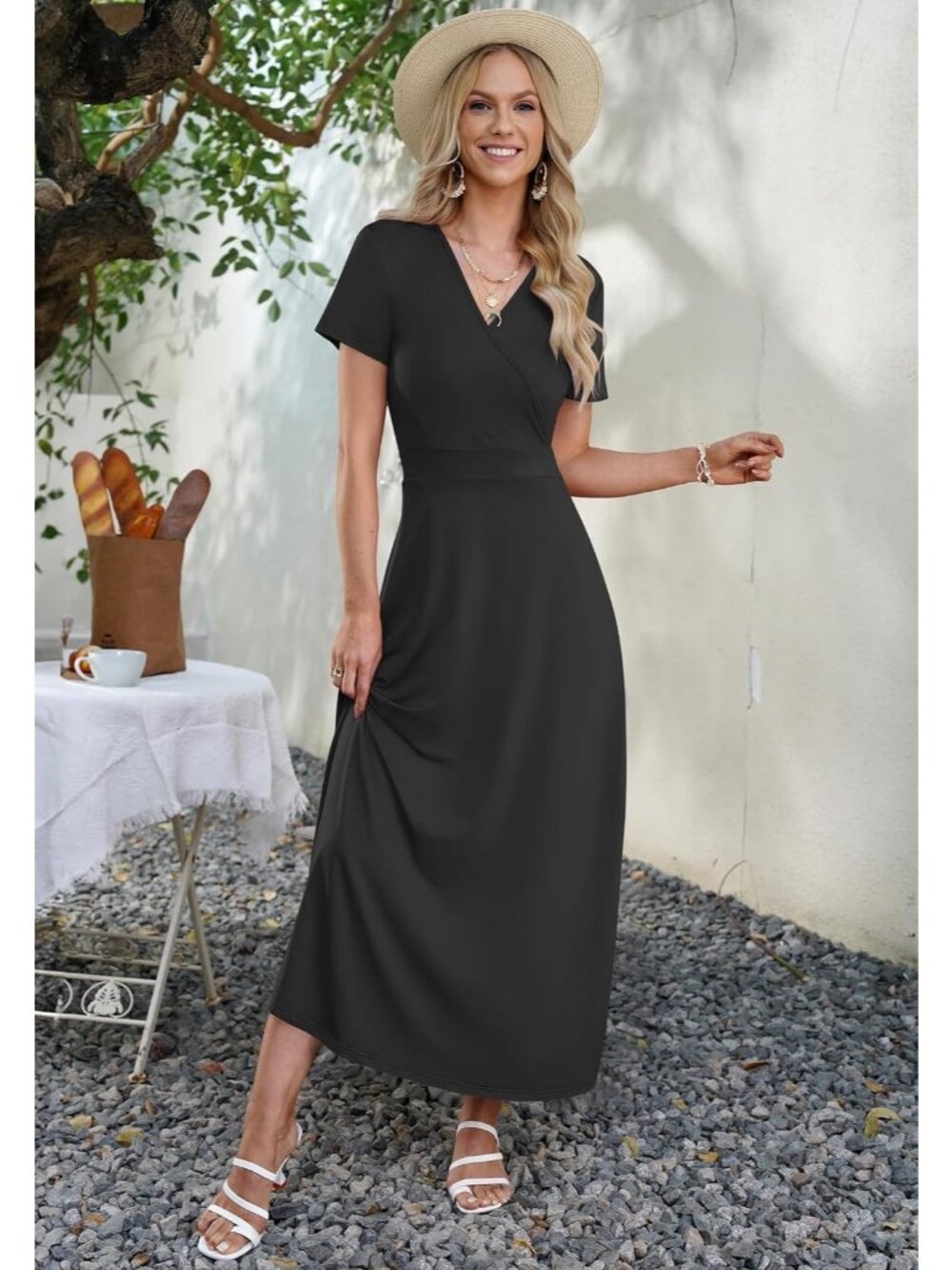 Women's Black V-Neck Short Sleeve Long Flowy Sundress Pull On Casual Maxi Dress - Picture 2 of 5
